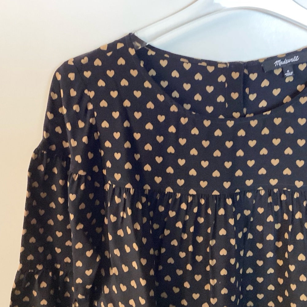 Madewell Silk Tiered Button Back Heart Print Top - Black - S - Picture 2 of 8